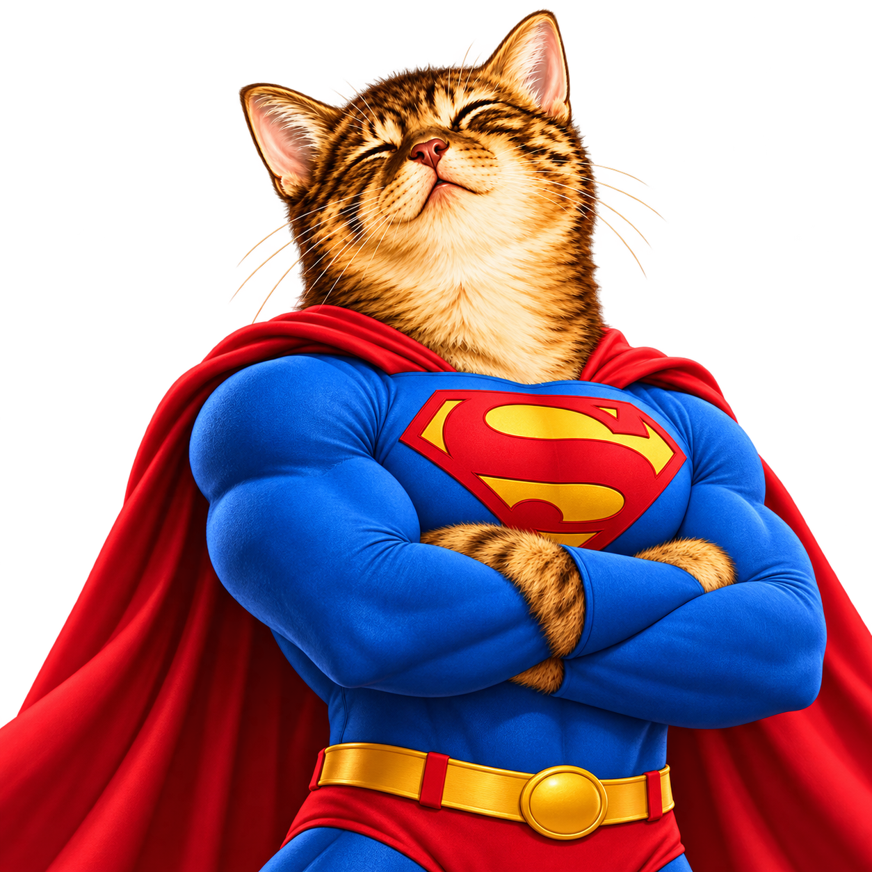 Supercate — a smug orange tabby cat in a blue superhero suit and red cape, arms crossed