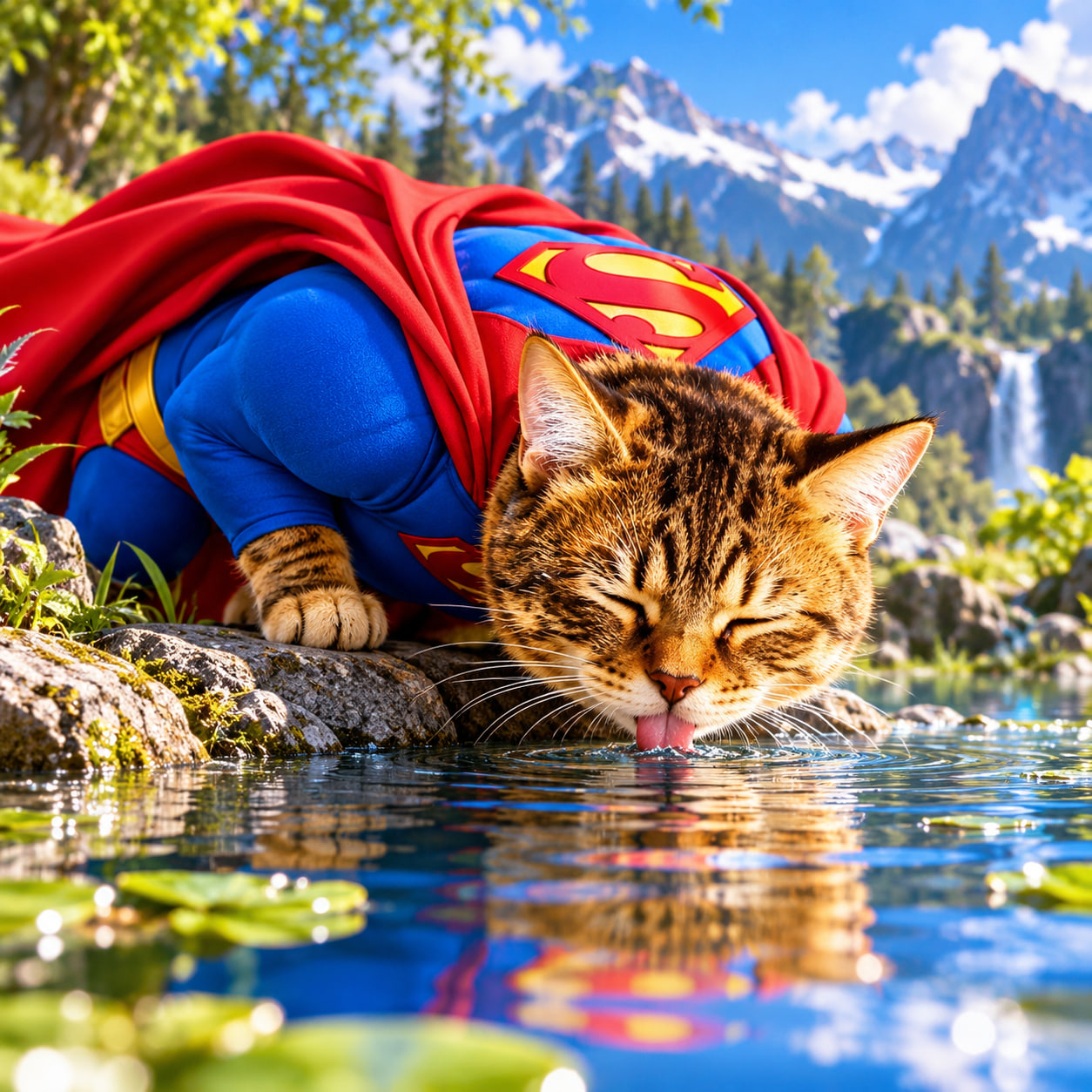 Supercate drinking water from a mountain lake with his cape on